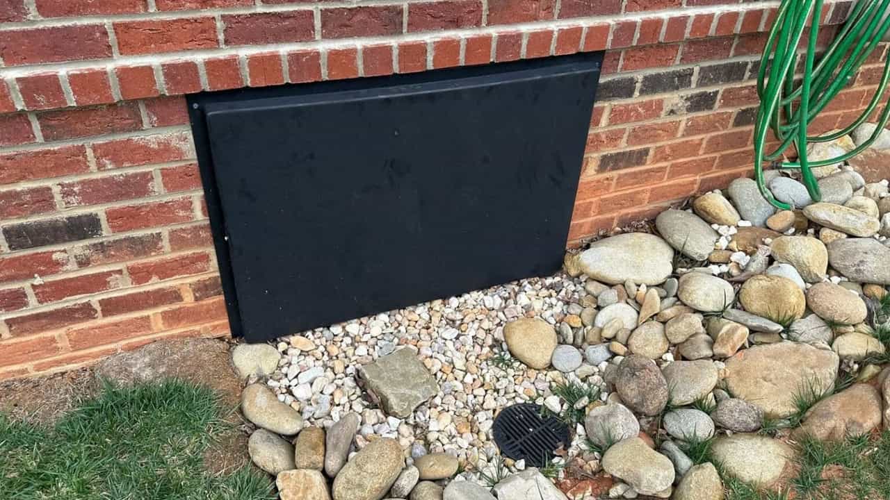 HydroHelp911 Crawl Space & Foundation Repair installing a new black crawl space access door in a brick foundation.