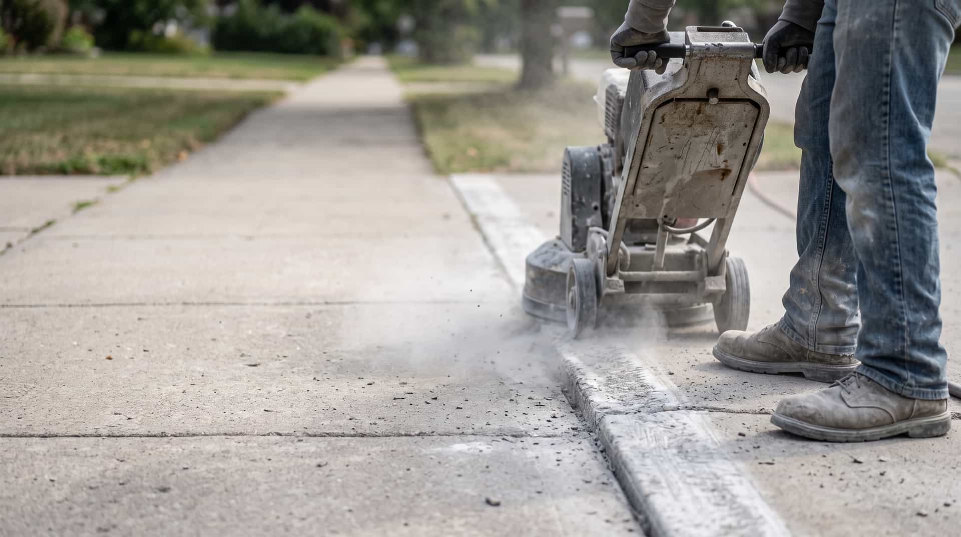 HydroHelp911 Crawl Space & Foundation Repair technician rendering of performing concrete grinding on a sidewalk to remove tripping hazards