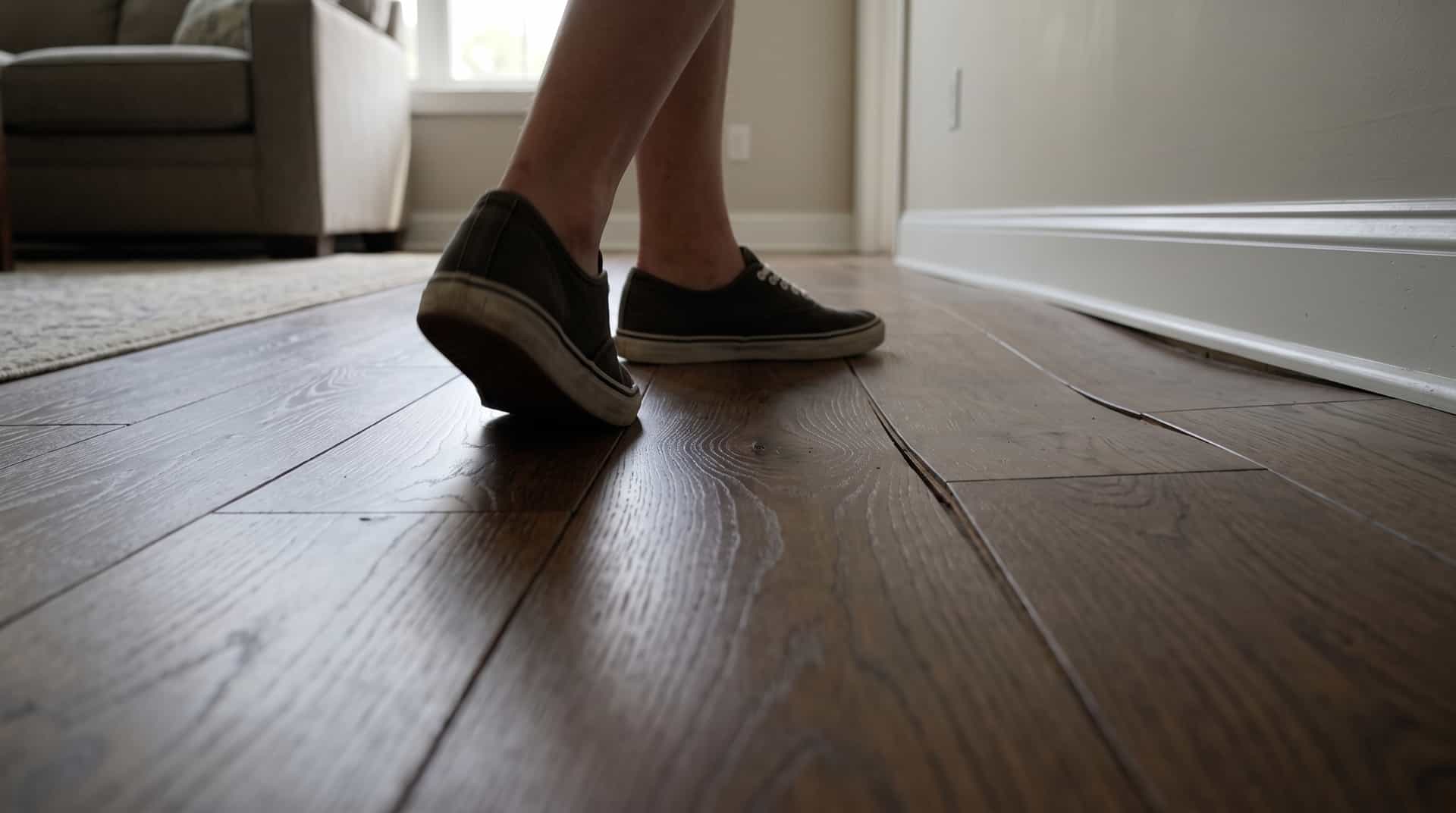 HydroHelp911 Crawl Space & Foundation Repair assessing an uneven hardwood floor with a visible sag.