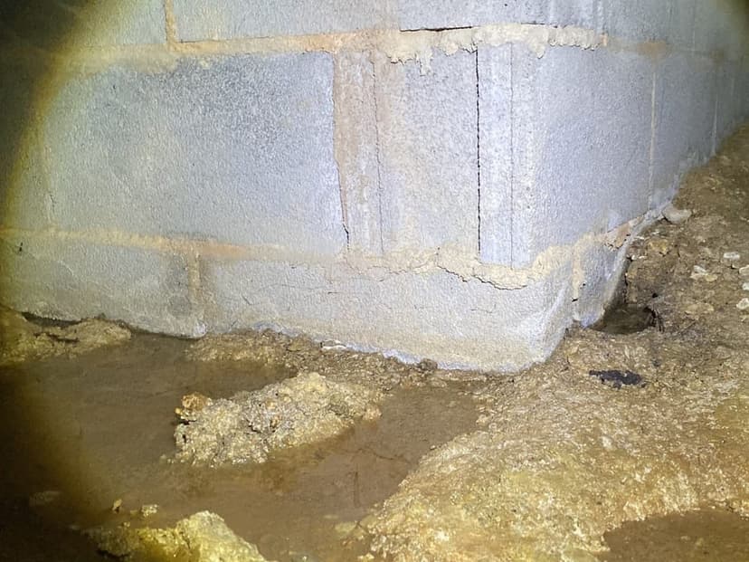 Water pooled along the base of a block foundation wall in a crawl space