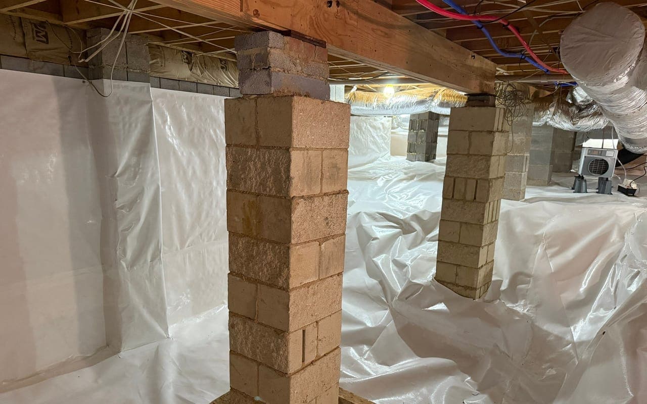 A white crawl space liner run up the foundation walls around brick piers