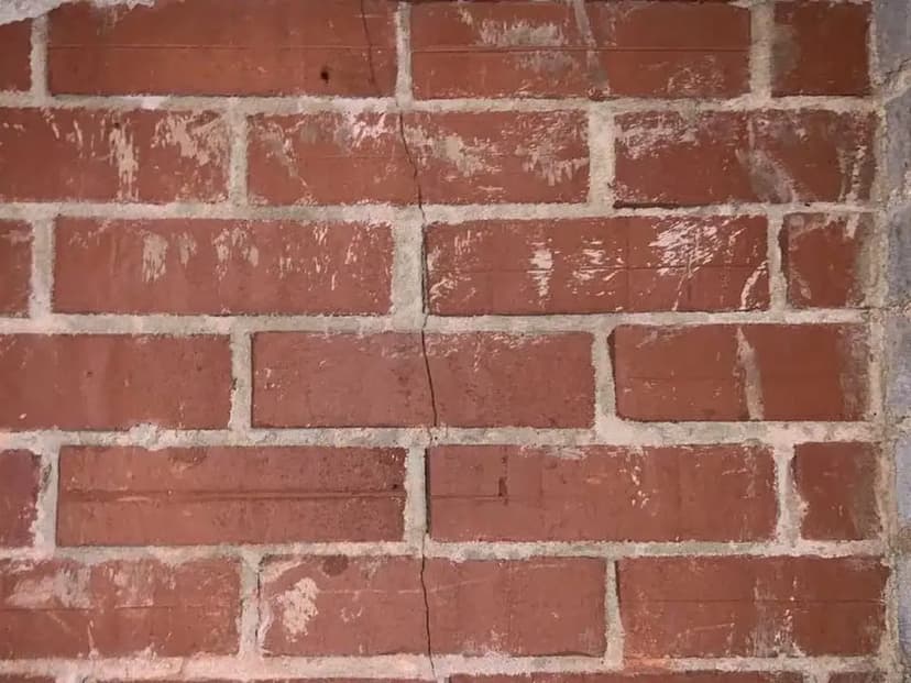 A crack running down through several bricks in a foundation wall