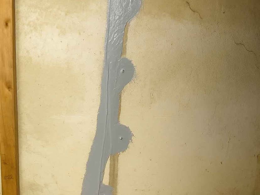 Grey sealant over a crack in a poured concrete wall, with injection ports along it