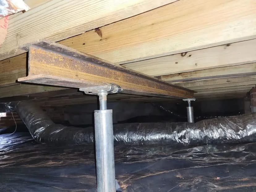 Adjustable steel jacks under a steel beam that supports the floor joists in a crawl space