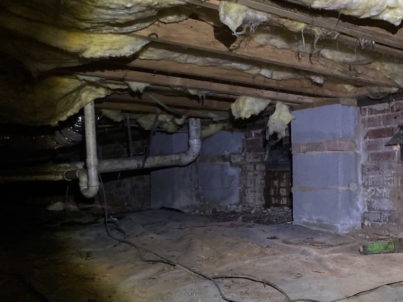 Insulation sagging and hanging loose under the floor of a crawl space