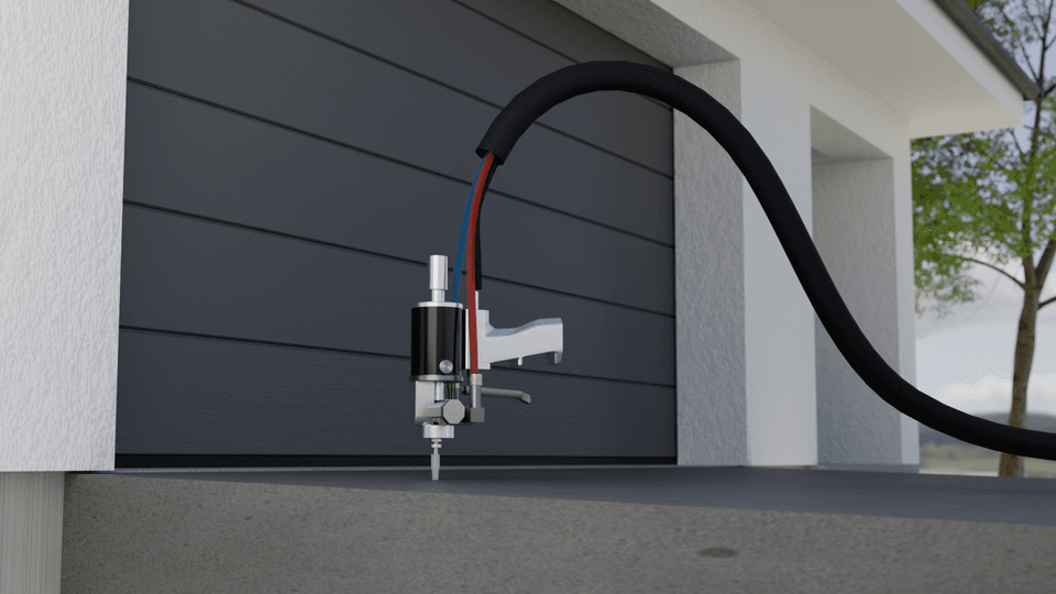 Illustration of a polyurethane foam injection nozzle and hoses pointing at a concrete driveway slab