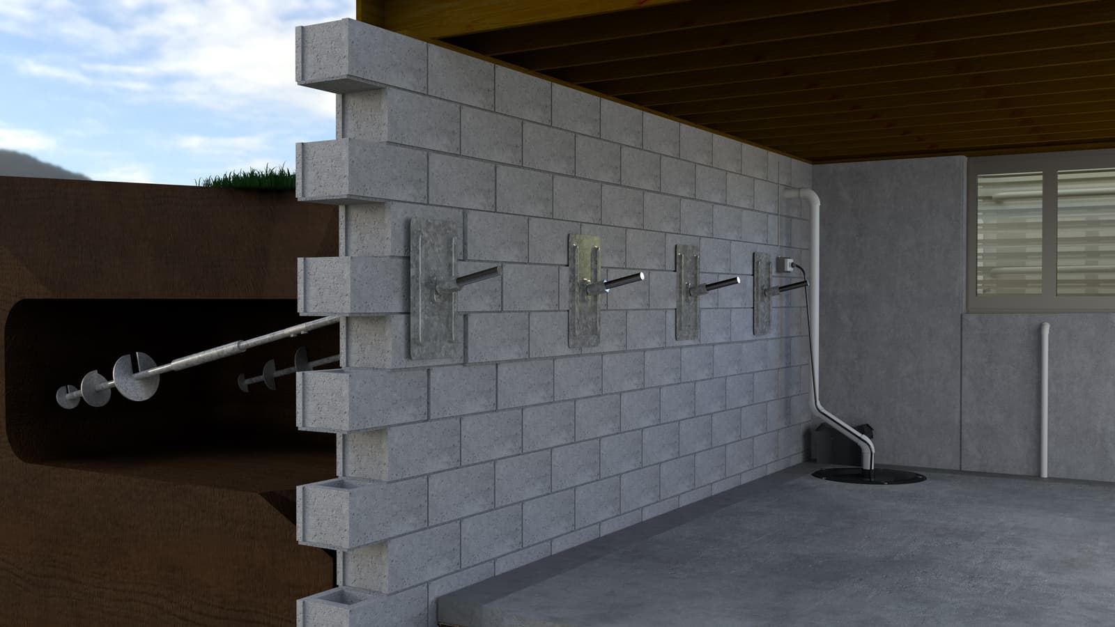 Illustration of a basement wall with exterior helical tieback anchors, interior wall plates, and a sump pump system
