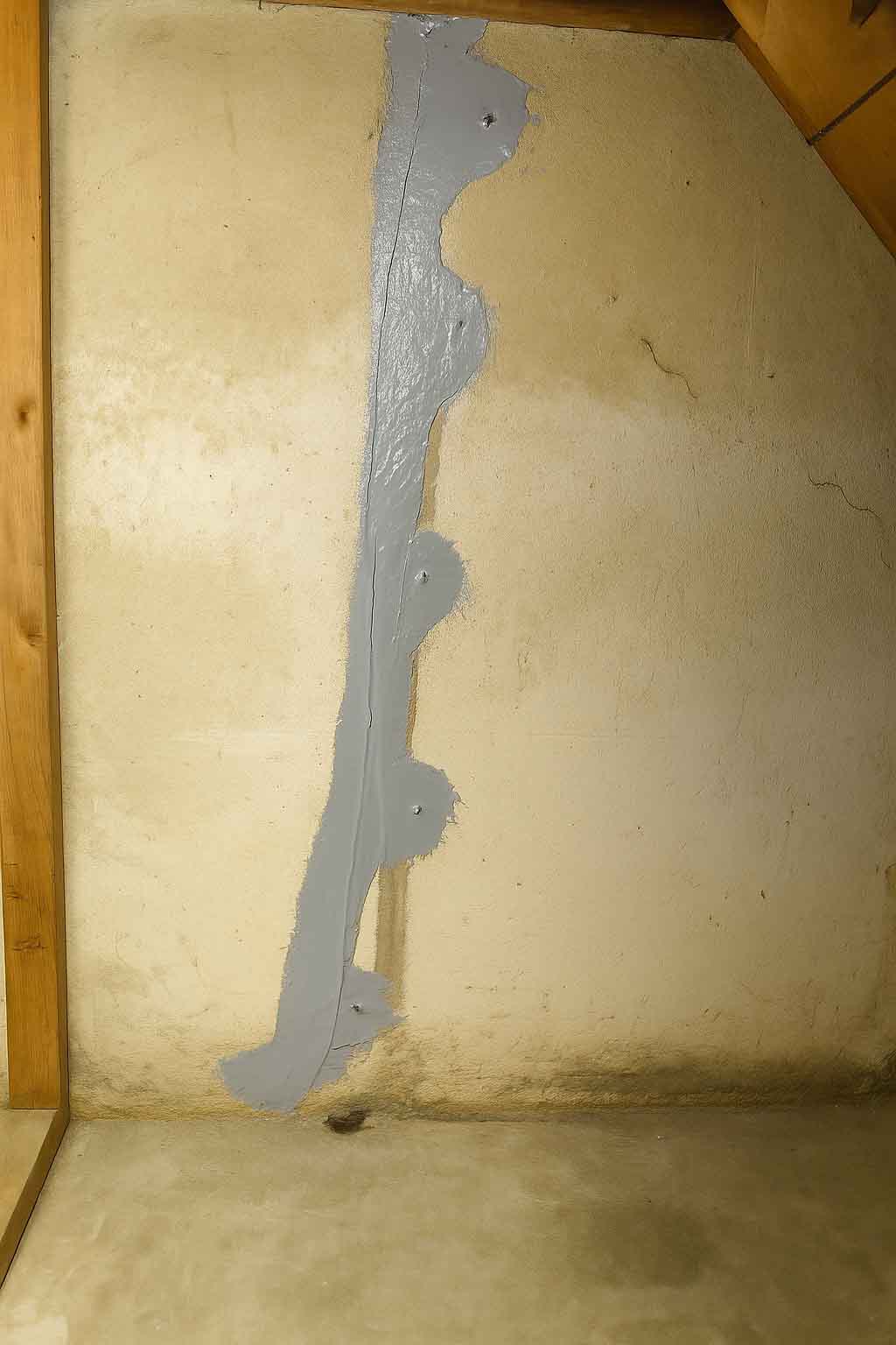 HydroHelp911 Crawl Space & Foundation Repair sealing a vertical concrete wall crack with injection ports in a basement.