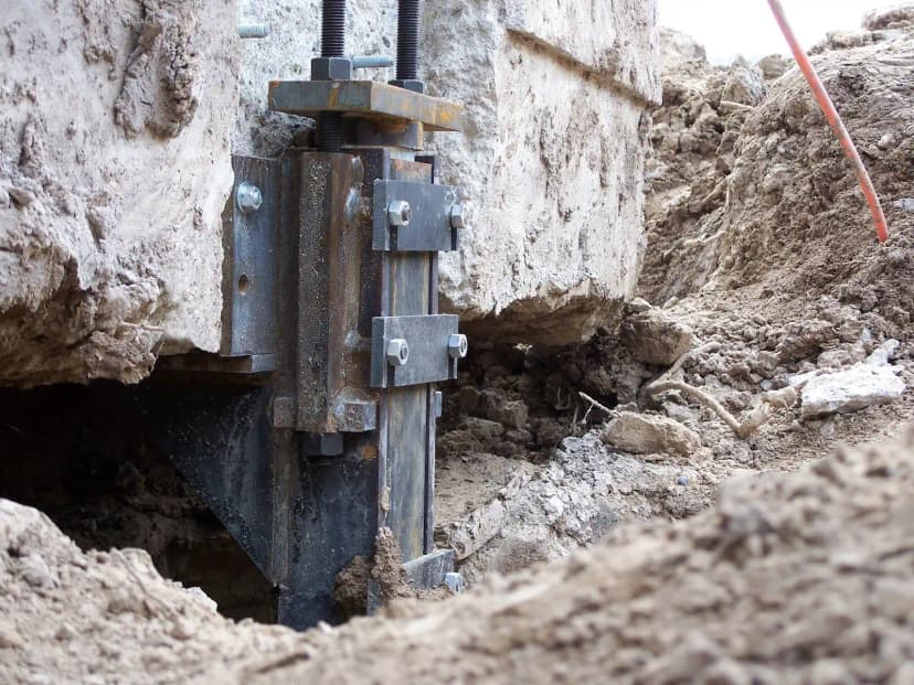 HydroHelp911 Crawl Space & Foundation Repair installing steel piers and footing brackets for foundation underpinning.