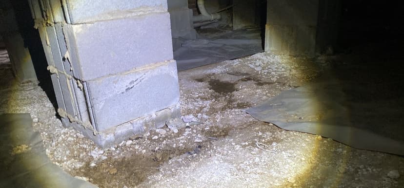 HydroHelp911 Crawl Space & Foundation Repair inspecting pooled water and termite tubes in a dirty crawl space.