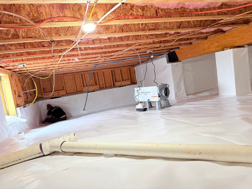HydroHelp911 Crawl Space & Foundation Repair crew installing a crawl space vapor barrier and dehumidifier.