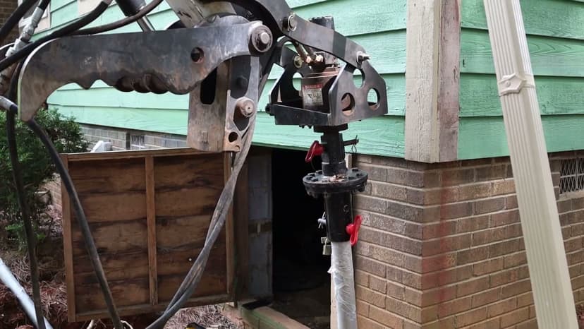 HydroHelp911 Crawl Space & Foundation Repair installing helical piers with a rotary drive head for foundation underpinning.
