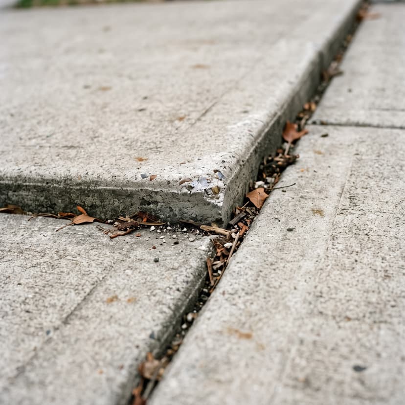 HydroHelp911 Crawl Space & Foundation Repair inspecting uneven concrete slabs creating a tripping hazard on a sidewalk.