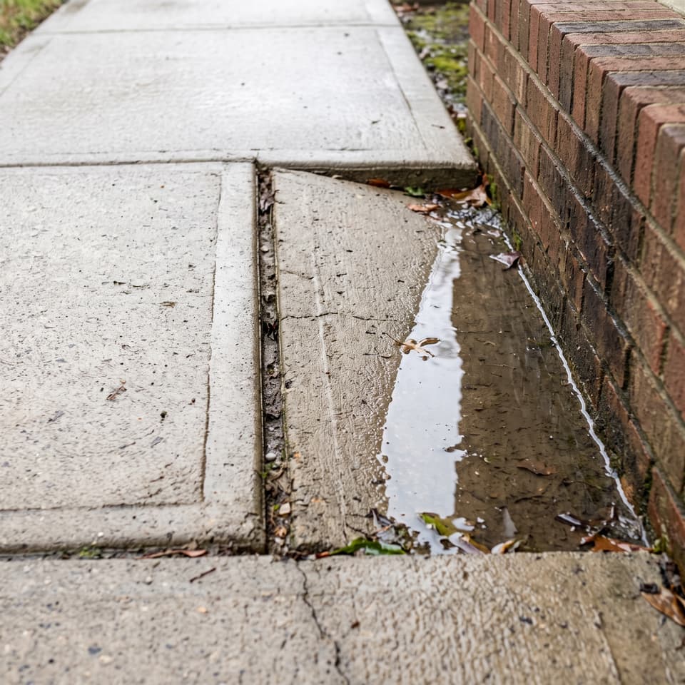 HydroHelp911 Crawl Space & Foundation Repair inspecting an uneven, broken sidewalk with pooled water causing a trip hazard.