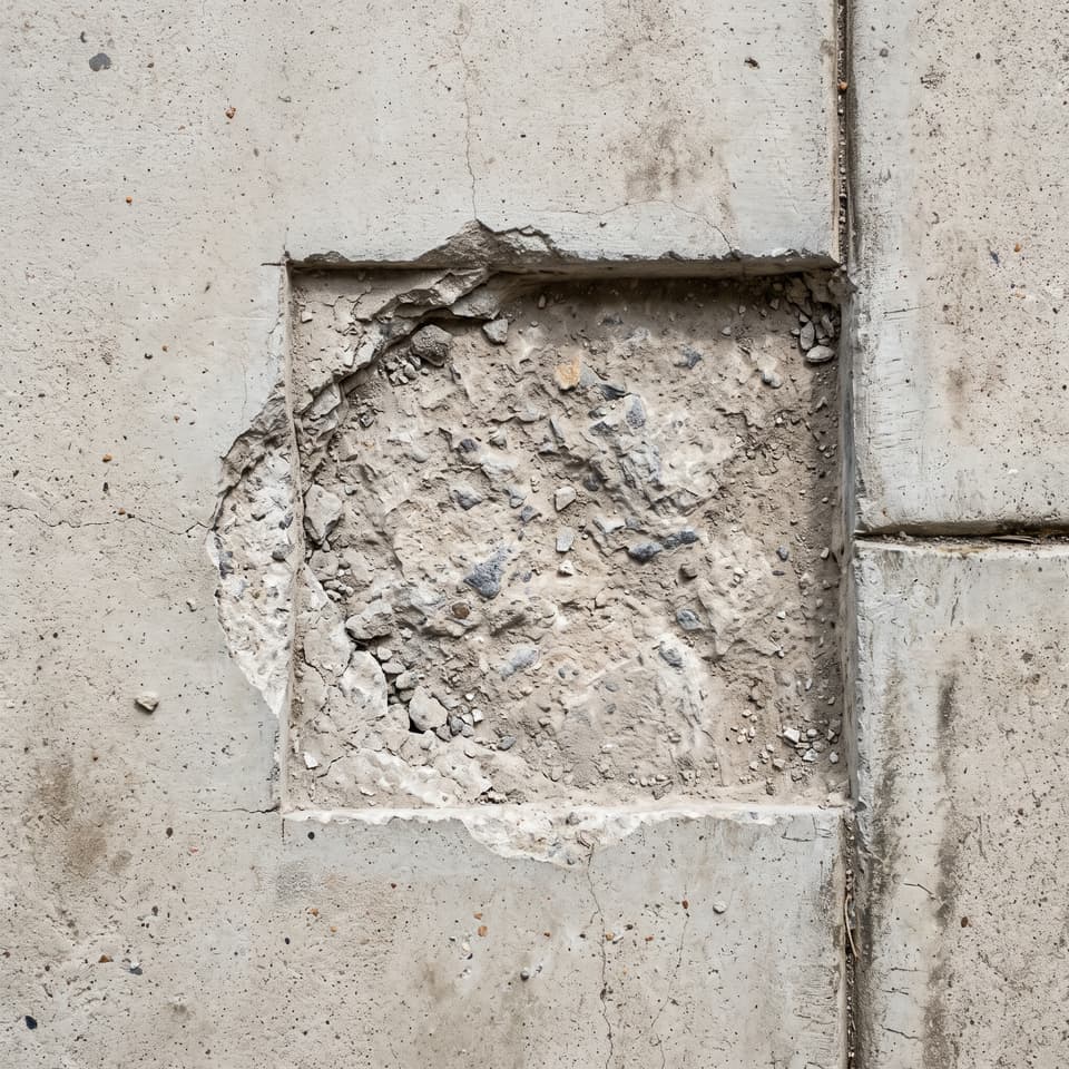 HydroHelp911 Crawl Space & Foundation Repair showing a concrete slab with slab spall damage and surface cracks.