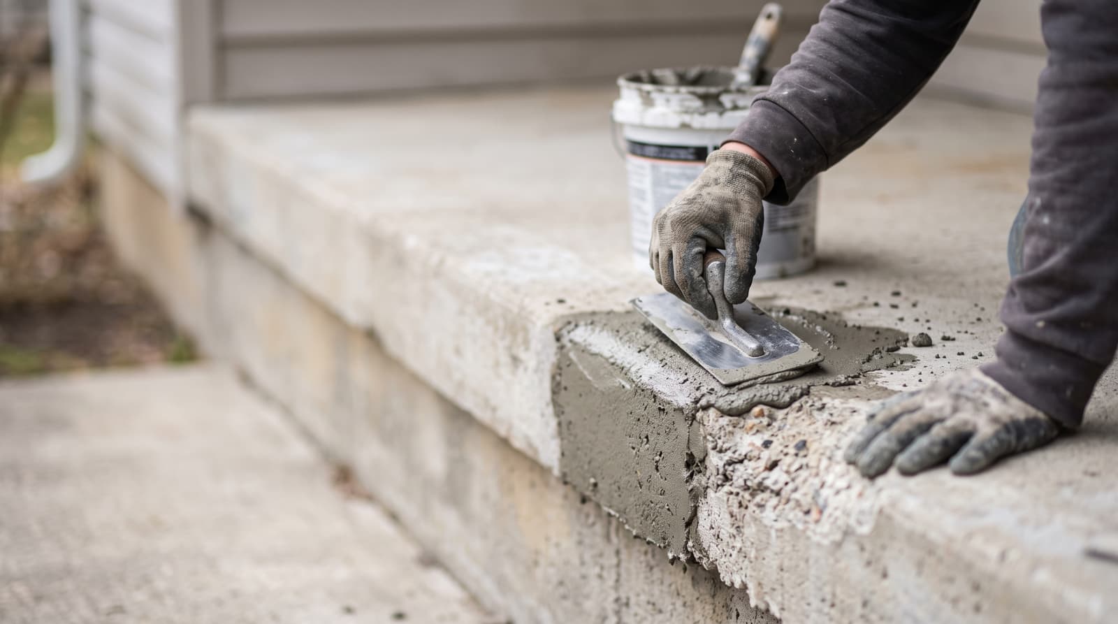 HydroHelp911 Crawl Space & Foundation Repair performing concrete patching and resurfacing on exterior concrete steps.