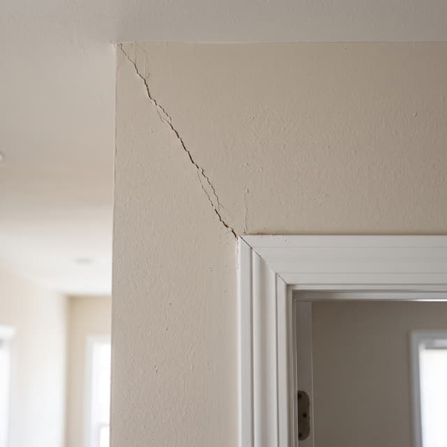 HydroHelp911 Crawl Space & Foundation Repair inspecting diagonal cracks extending from an interior door frame