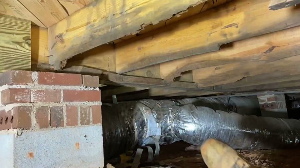 HydroHelp911 Crawl Space & Foundation Repair inspecting damaged floor joists in a crawl space.