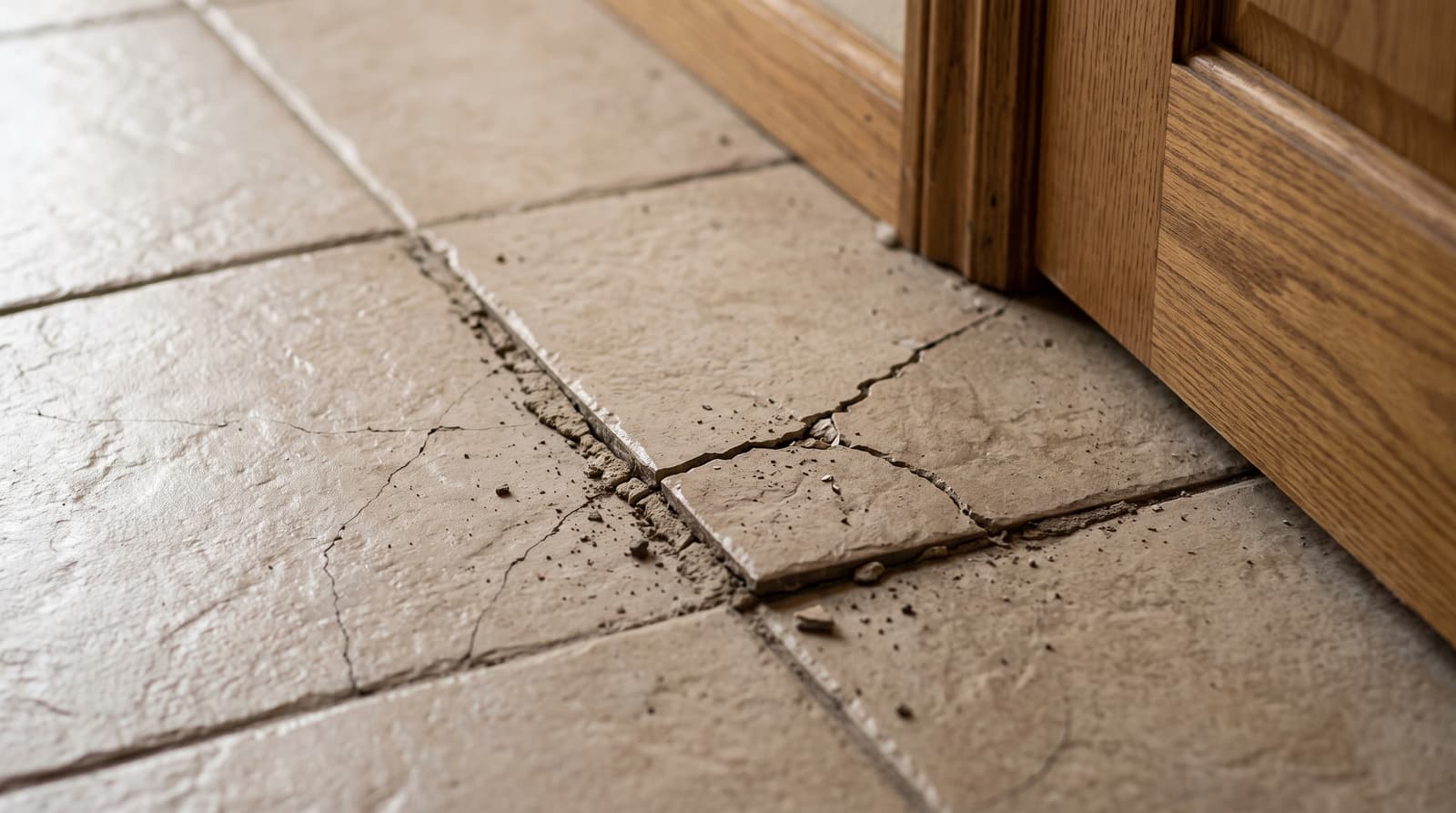 HydroHelp911 Crawl Space & Foundation Repair inspecting damaged and cracked floor tiles from slab settlement.