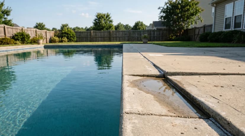 Settled concrete pool deck slabs with water pooling along the low joint