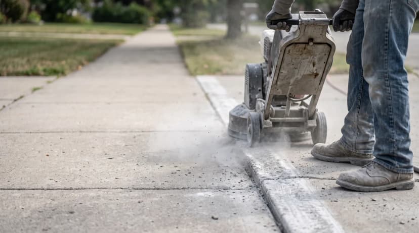 A walk behind grinder shaving down the raised edge of a concrete sidewalk slab