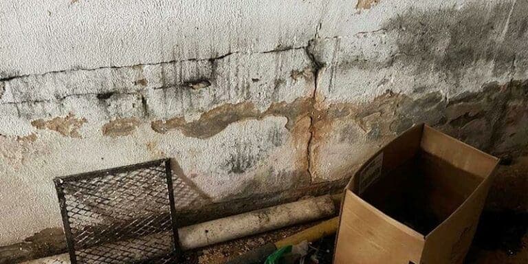 Damp, stained basement wall with a horizontal crack
