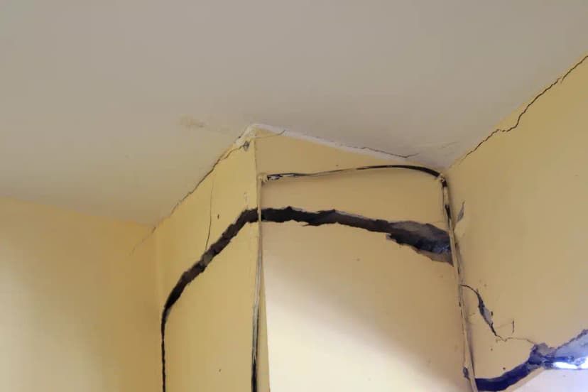 Severe horizontal structural cracks splitting a yellow interior wall near the ceiling.