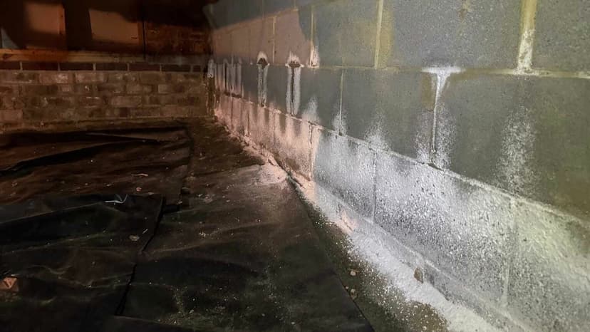 Damp concrete block basement wall with white efflorescence along the floor