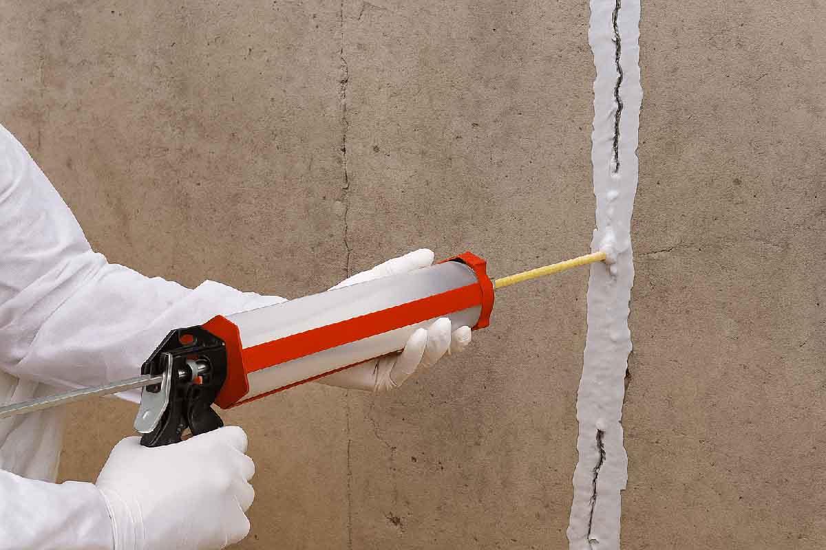 Gloved hands sealing a vertical crack in a concrete wall with a caulking gun