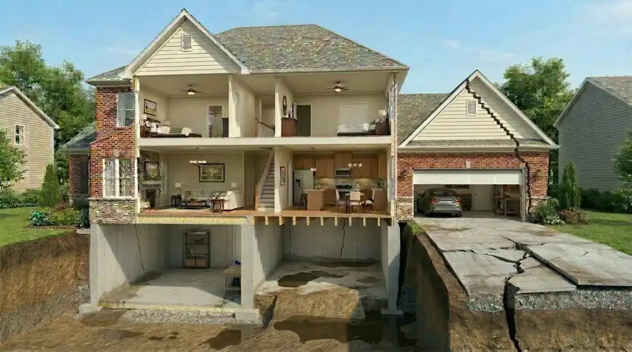House cutaway showing the foundation, basement, crawl space, floor framing and driveway