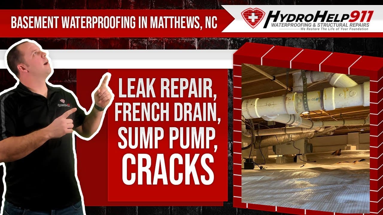 Basement Waterproofing in Matthews, NC: Interior Drainage, Sump Pump and Crack Repair. Video preview.
