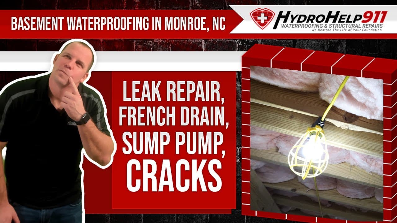 Basement Waterproofing in Monroe, NC: Interior Drainage, Sump Pump and Crack Repair. Video preview.