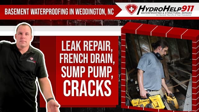 Basement Waterproofing in Weddington, NC: Interior Drainage, Sump Pump and Crack Repair. Video preview.