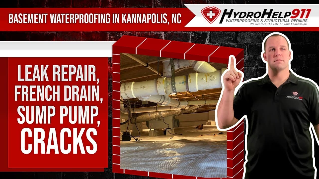 Basement Waterproofing in Kannapolis, NC: Interior Drainage, Sump Pump and Crack Repair. Video preview.