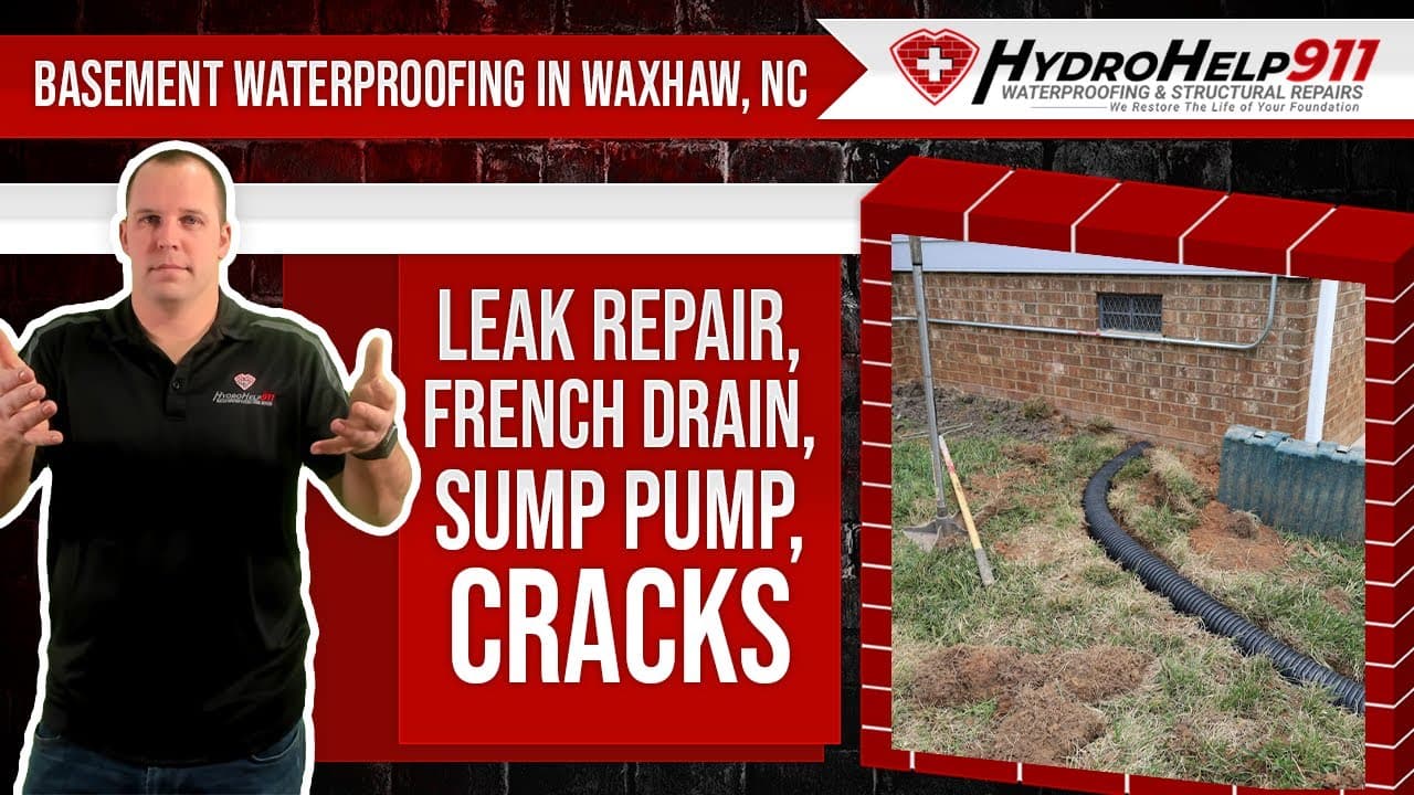 Basement Waterproofing in Waxhaw, NC: Interior Drainage, Sump Pump and Crack Repair. Video preview.