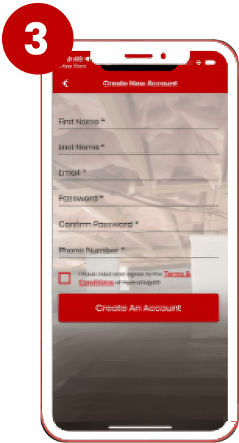 Step 3: the Create New Account screen, with fields for name, email, password and phone number.